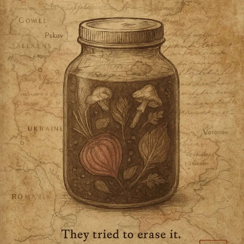 Vintage-style illustration with Slavic map textures, a beet kvass bottle, and folkloric details — created for Kvass History page by DB34.