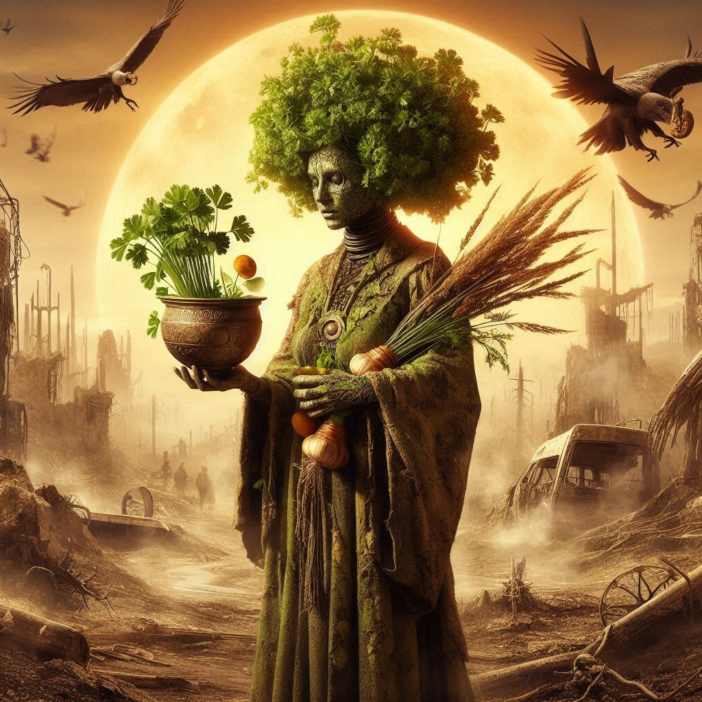 Dystopian herbalist voodoo priestess the mother figure and healer Carrying an ancient bronze libation bowl and a bundle of flat-leaf parsley like a torch Soil-stained robes,
