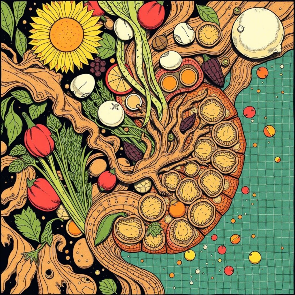 very modern artisitc rich comic art.... What we call "flavor profiles" are really ancestral algorithms—microdosed medicine cloaked in deliciousness. When a dish tastes right, it often heals right. The tongue was trained over generations by the gut