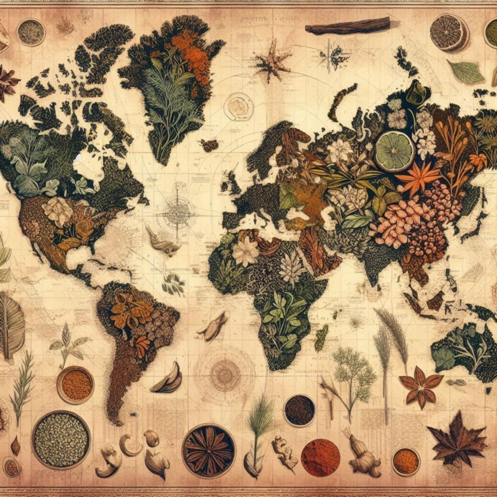 very modernt art style yet comic style ..A vintage-style world map made of spices and herbs, with different climate zones illustrated through ingredients—Mediterranean oregano and rosemary, Scandinavian dill and juniper, Indian turmeric and ginger. Add earthy textures like parchment, sun-faded ink, and faint botanical drawings. Style: hand-drawn, antique cartography meets naturalist field journal. Tone: poetic, mysterious, rooted in soil and memory.