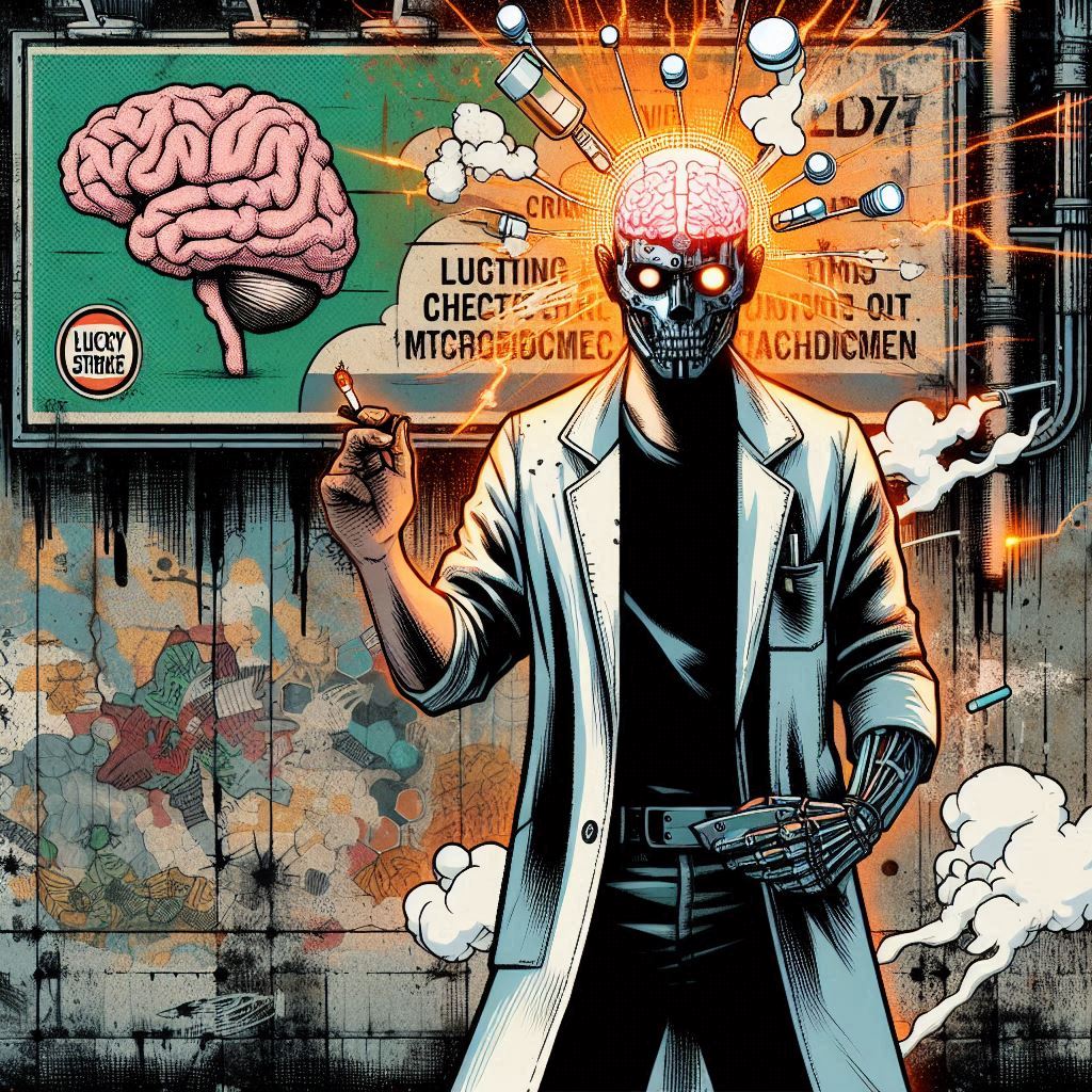 grunge art double life of nicotine , doctor smoking as cyborg