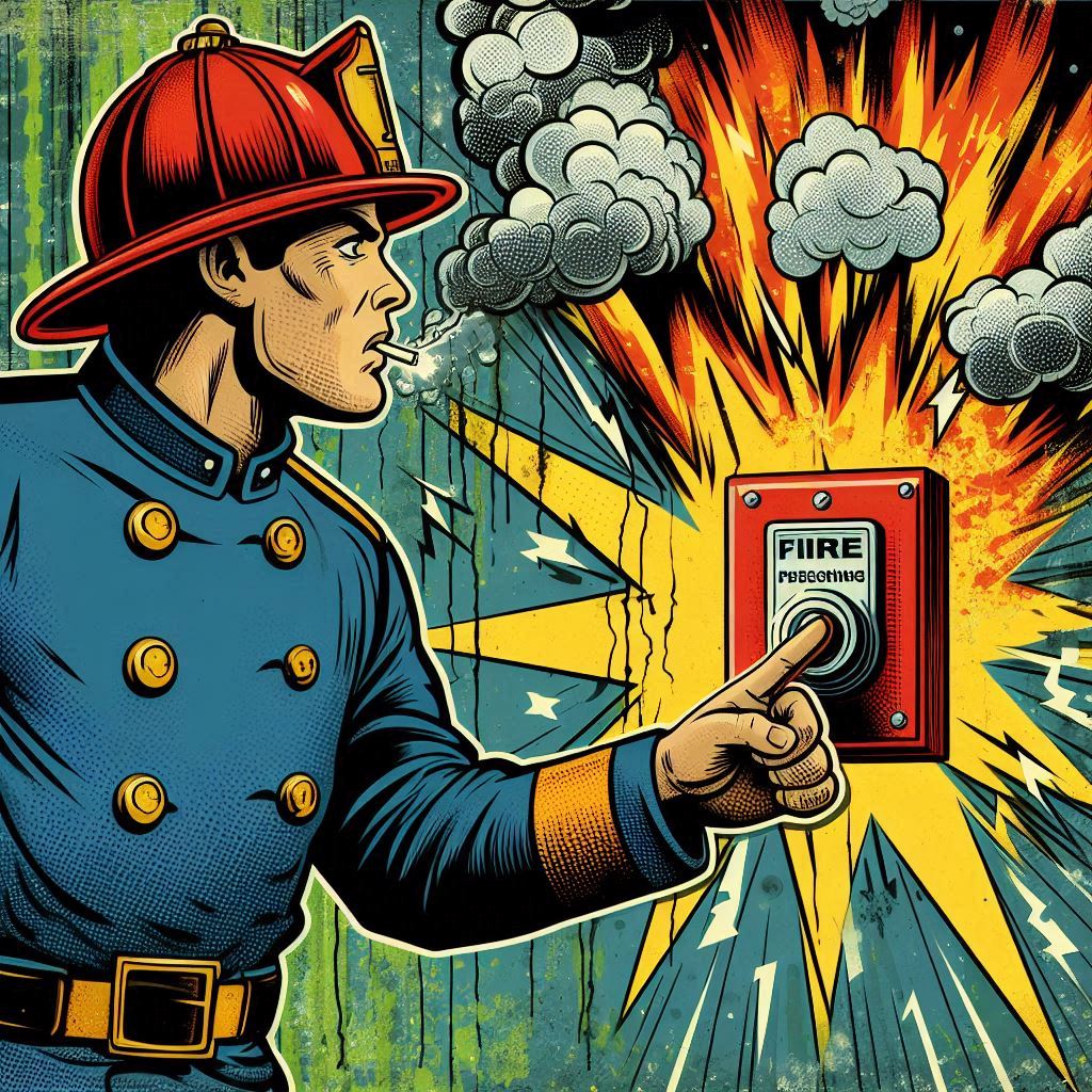 —a smoking fireman trying to switch off the fire alarm, perfectly matching the grunge graffiti comic style we’ve been refining. Let’s see how it lands!