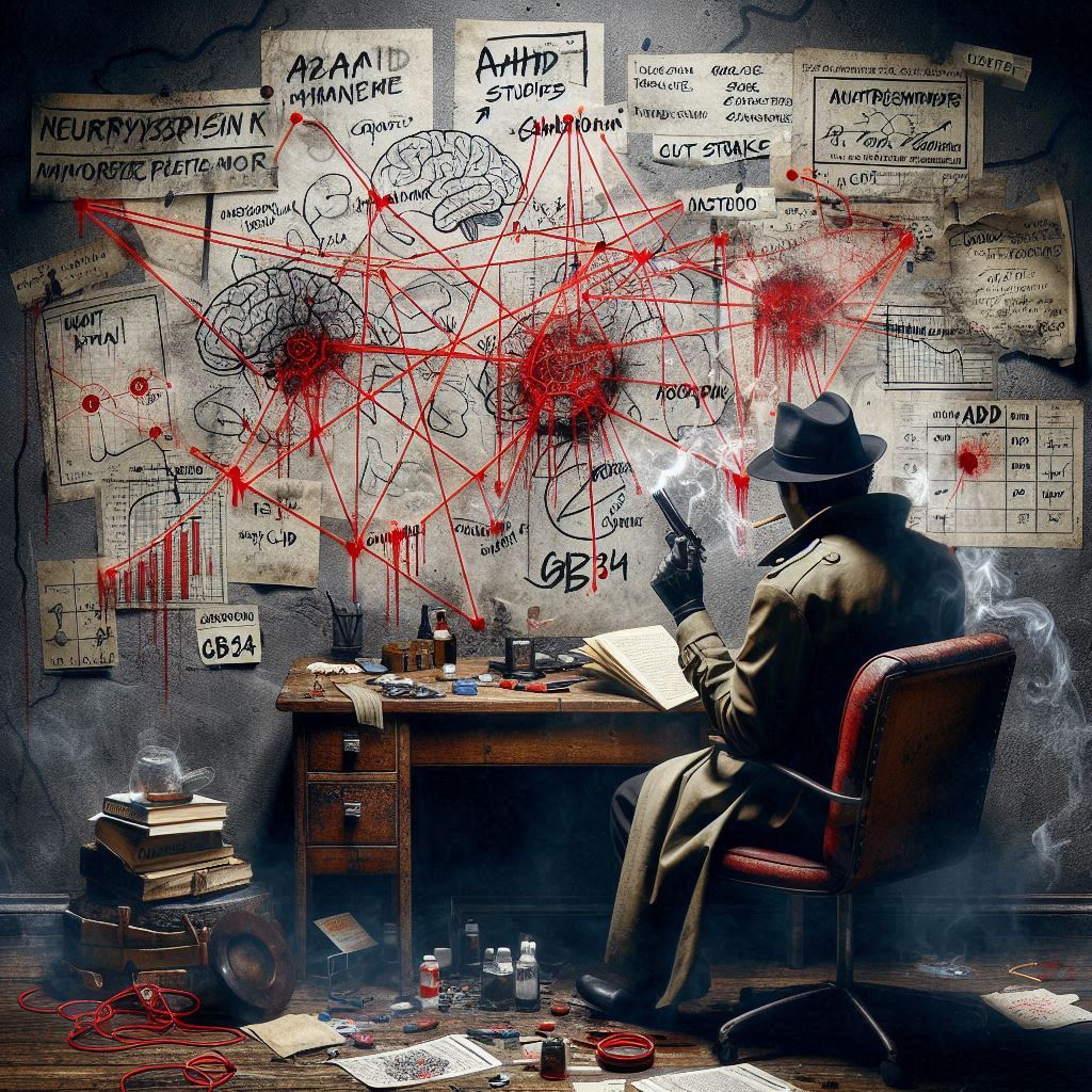 They’re seated at a beat-up wooden desk, ashtray overflowing, Lucky Strike pack tossed beside an open file of scientific notes. On the wall behind them? A chaotic crime board, red strings connecting diagrams of neurotransmitters, gut microbiomes, ADHD studies—all leading back to the stamped GB34.