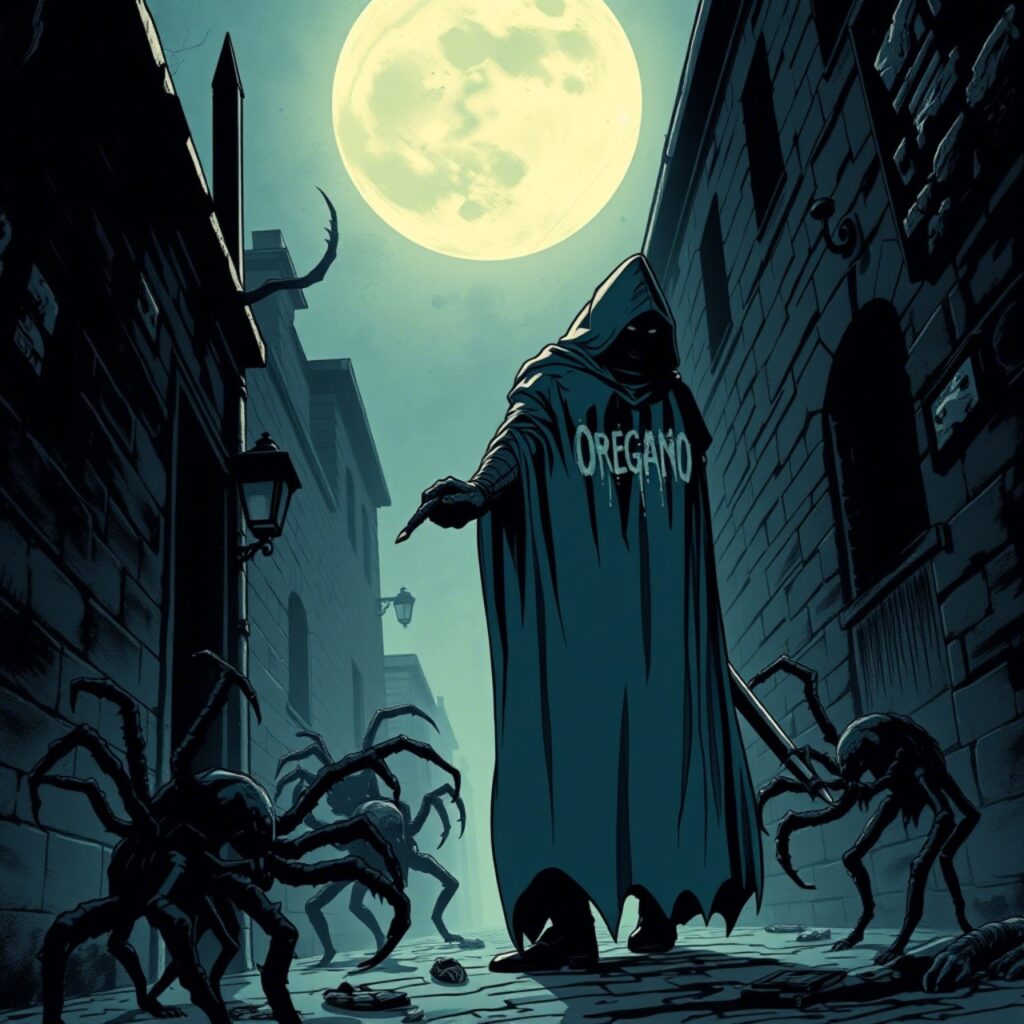 dark comic art,heavy in atmosphere....knight cloak saying oregano..destroying parasites in dark alley, happening at full moon