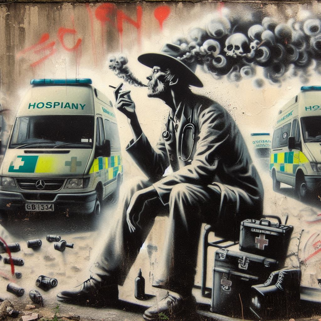 grunge art, nicptene and health, cowboy smoking in front of a hospital