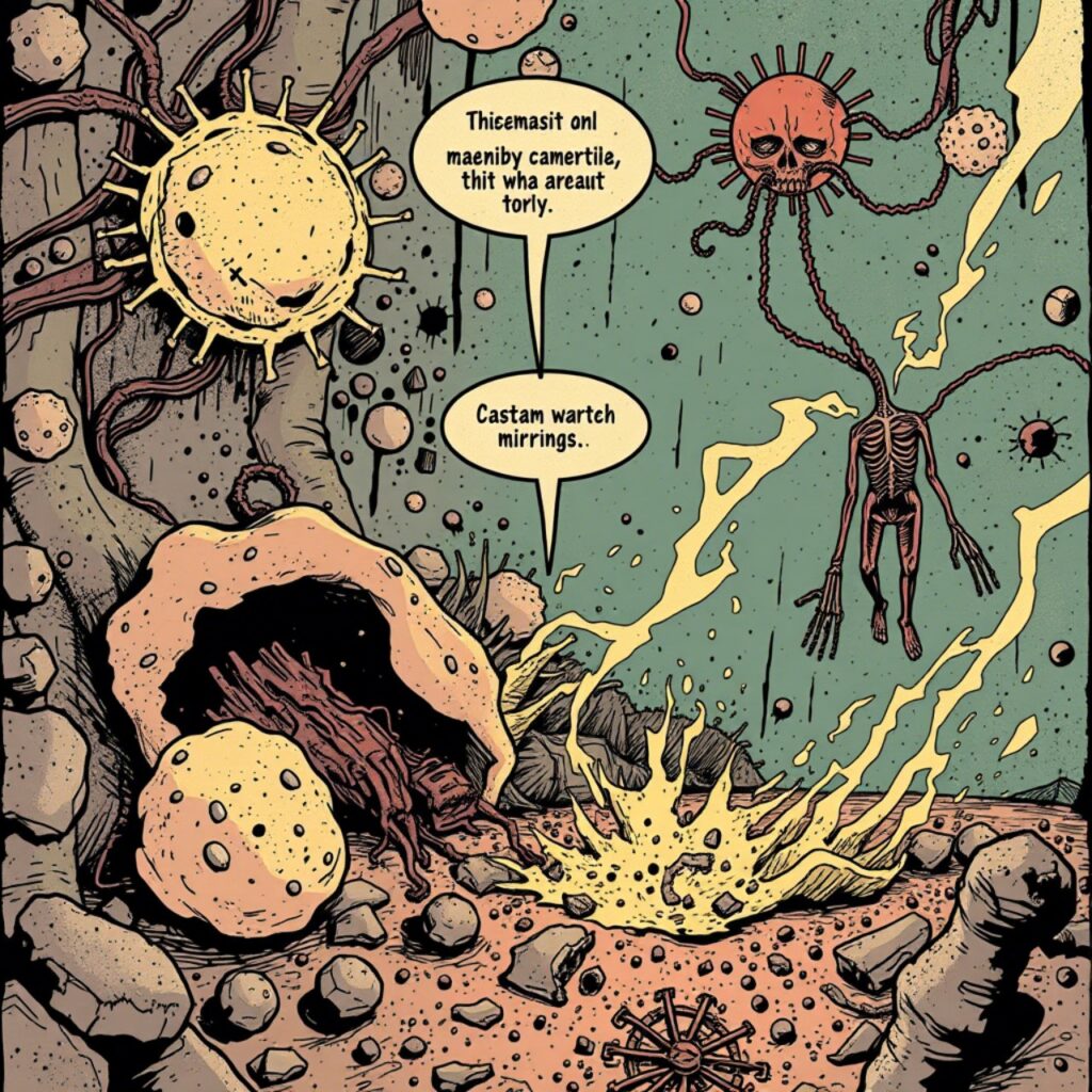 a grunge art comic style representation of three foundations (in this case - prausnitzii,Roseburia,Akkermansia : thrre microbes of the gut) colappse and how it cascades into system collpase
