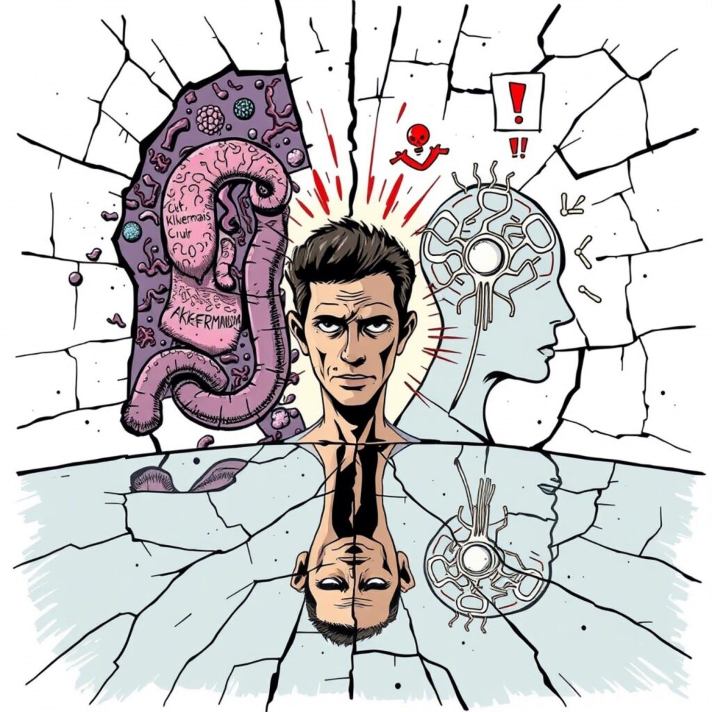 a grunge art comic style representation person fighting with himself, reflecting the gut micobiome in one and mental alarm in the other standing in a mirror