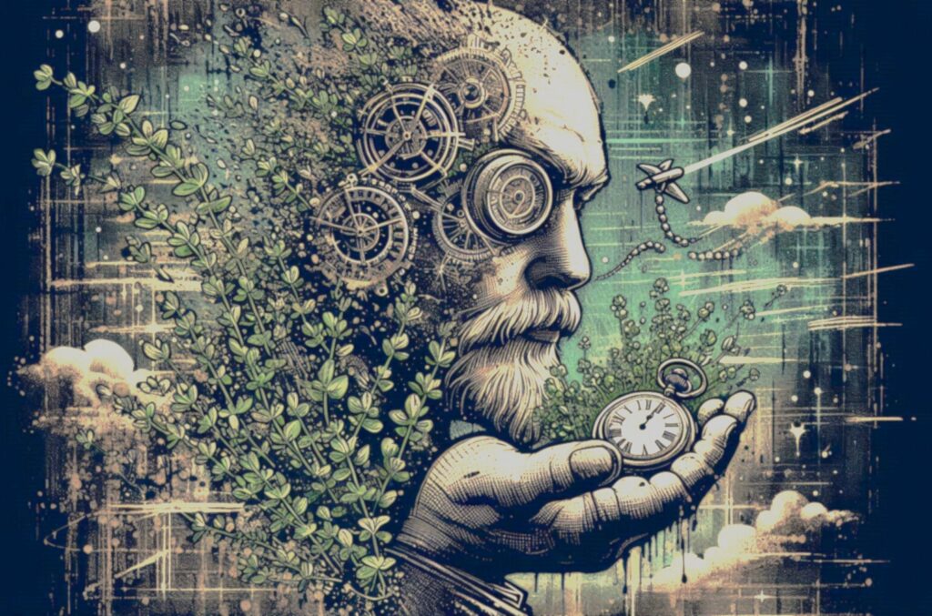 grunge art, 300ad, comic style.....create an image of thyme as time....the wordplay of thyme and time....timeless and gentle eternal