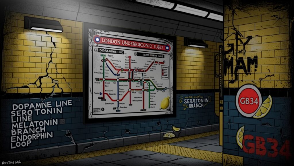 Art for fermented lemon article. tube station with map of neuro transmitters