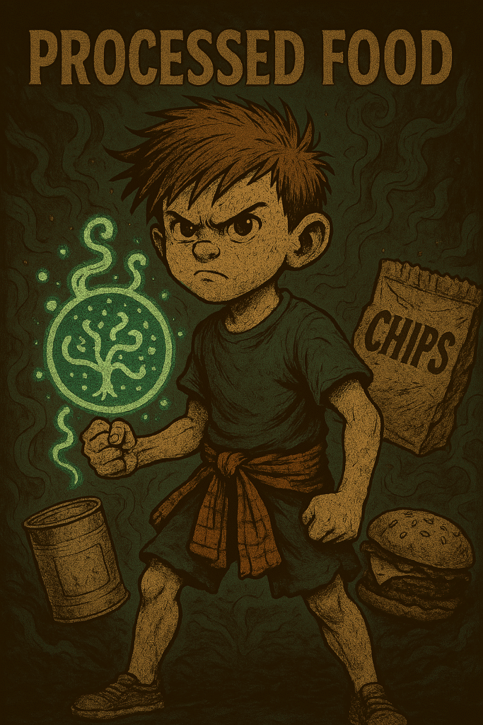 a young boy fighting processed food grunge art image