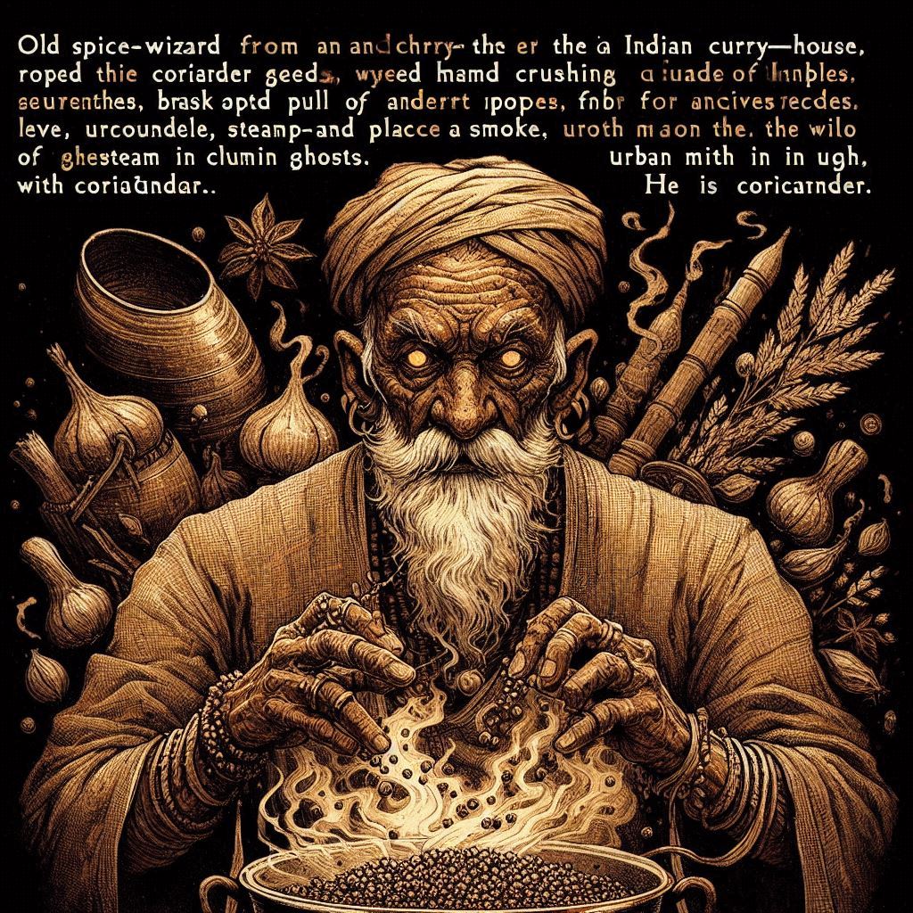 coriander art anti farma , turban genie doing voodoo with coriander seeds
