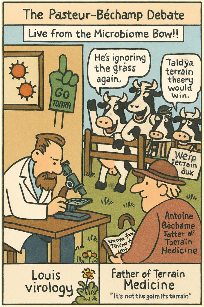 far side style image depicting debate between Pasteur and Bechamp with cow audience