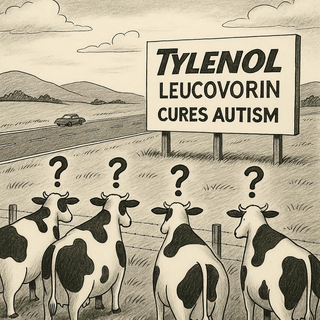 cows staring at billboard about tylenol and leucovorin