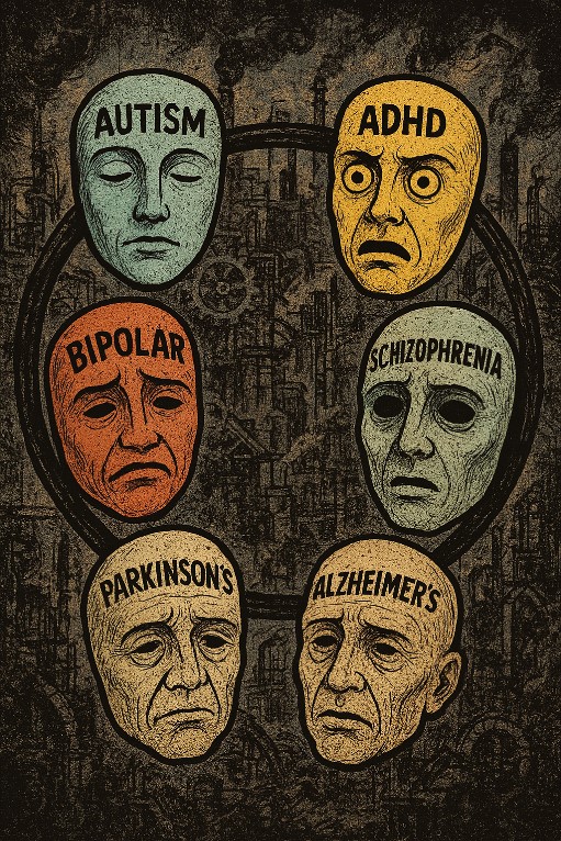 the six masks of neuro divergence • autism • ADHD • bipolar disorder • schizophrenia • Parkinson’s • Alzheimer’s Different ages. Different regions. Different names. One loop.