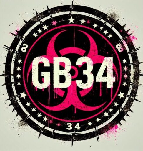 logo for wormwoodmarmalade, GB34 encircled in grunge circles refering to the acupoint GB34