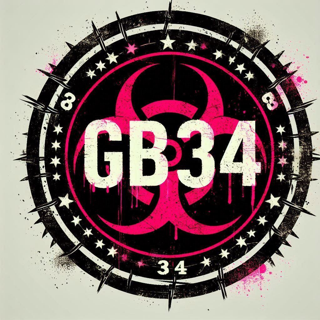 logo for wormwoodmarmalade, GB34 encircled in grunge circles refering to the acupoint GB34