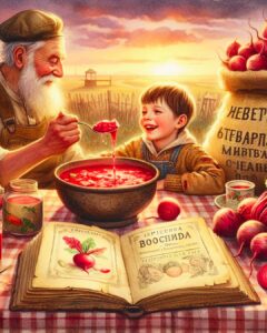 folklore image of grandfather feeding child russina beet kvass
